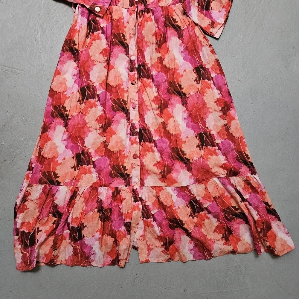 Lemoncurve Sz L Floral Coastal Tiered Flowy Maxi Button DownDress Quater Sleeve - Picture 12 of 16